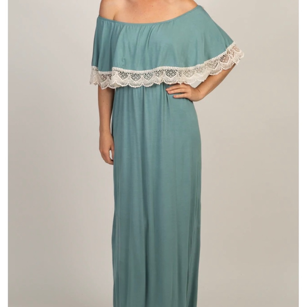 Off shoulder crochet trim maxi dress, PinkBlush, green, size Large